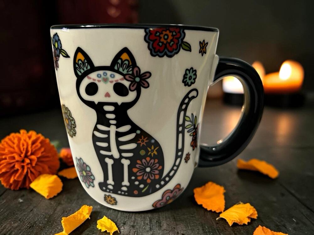World Market Halloween Sugar Skull Cat Floral Ceramic Mug Microwave Safe